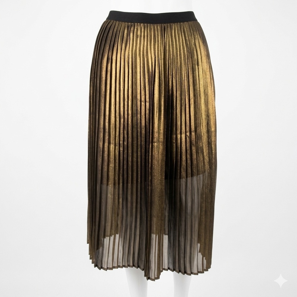BB Dakota Metallic Pleated Midi Skirt NWOT Sheer Hem Foil Accordion Party Size 0